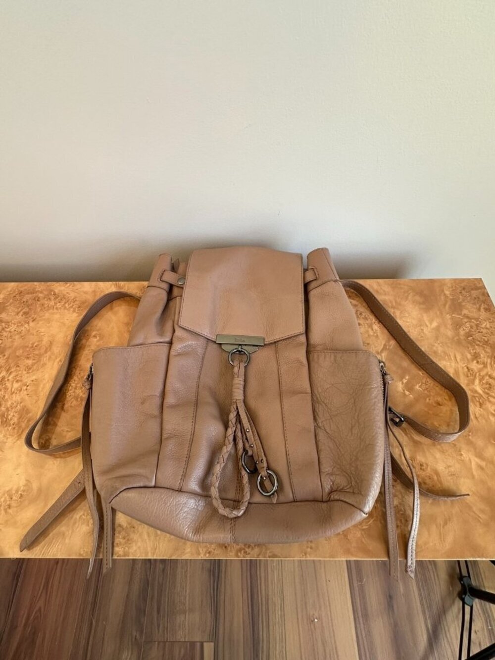 Kooba Margot Tan Leather Backpack Slouchy Boho Flap Tassel